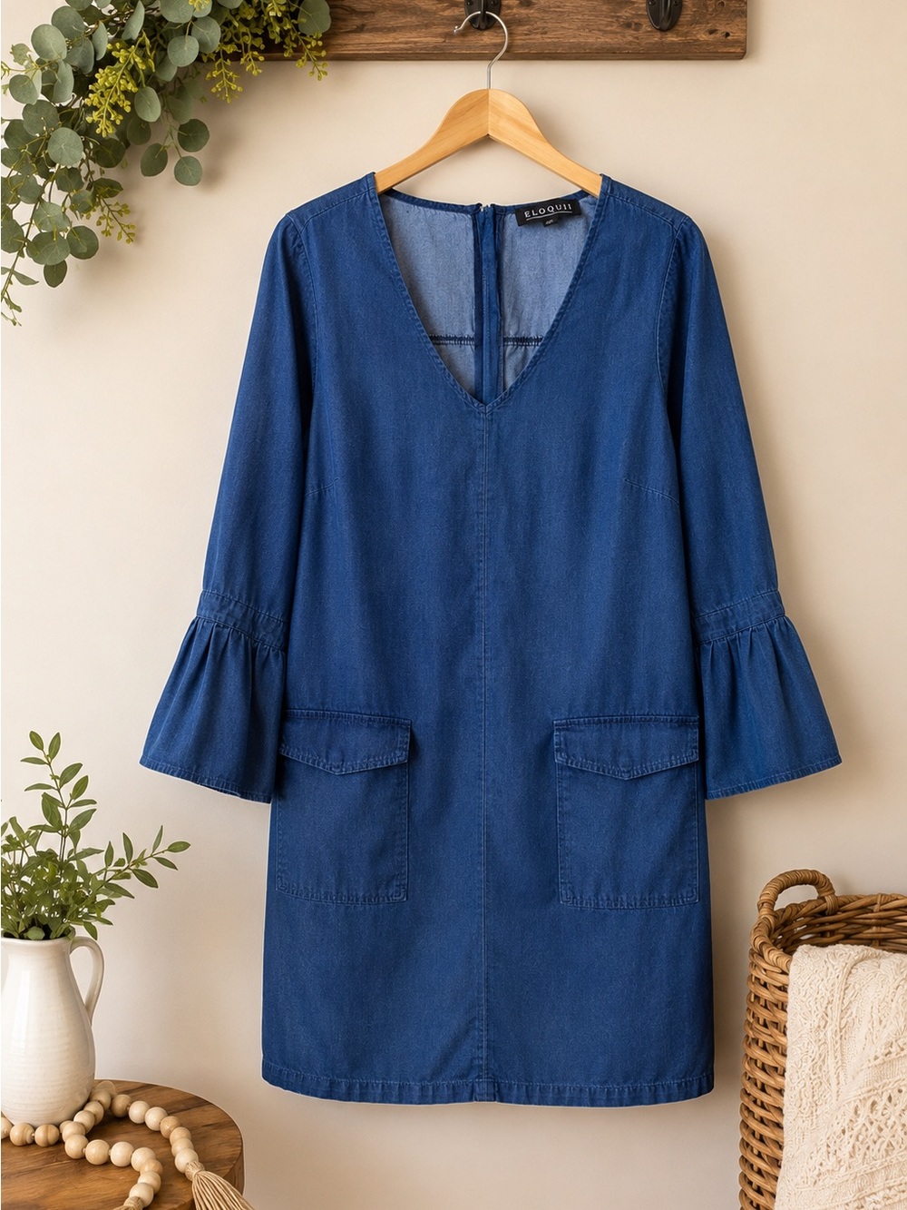 Eloquii Denim Shift Dress Women’s Size 14 Bell Sleeve V-Neck Tencel Blend
